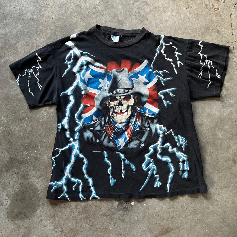 VTG American Thunder T-Shirt Mens L Black Skull Cowboy Lightning AOP 90s Flag